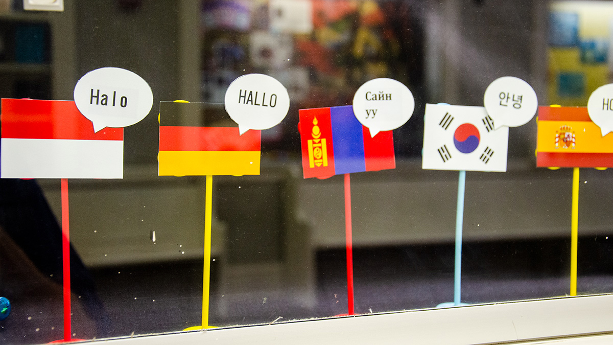 a row of various national flags in a glass display case